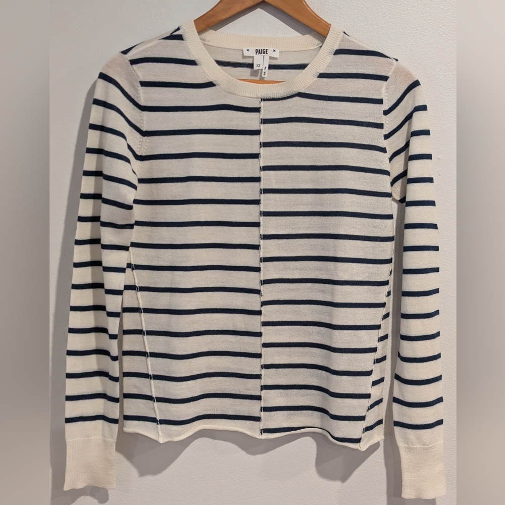 PAIGE Merino Wool Blend Lightweight Ivory Sweater With Navy Stripes Size XS